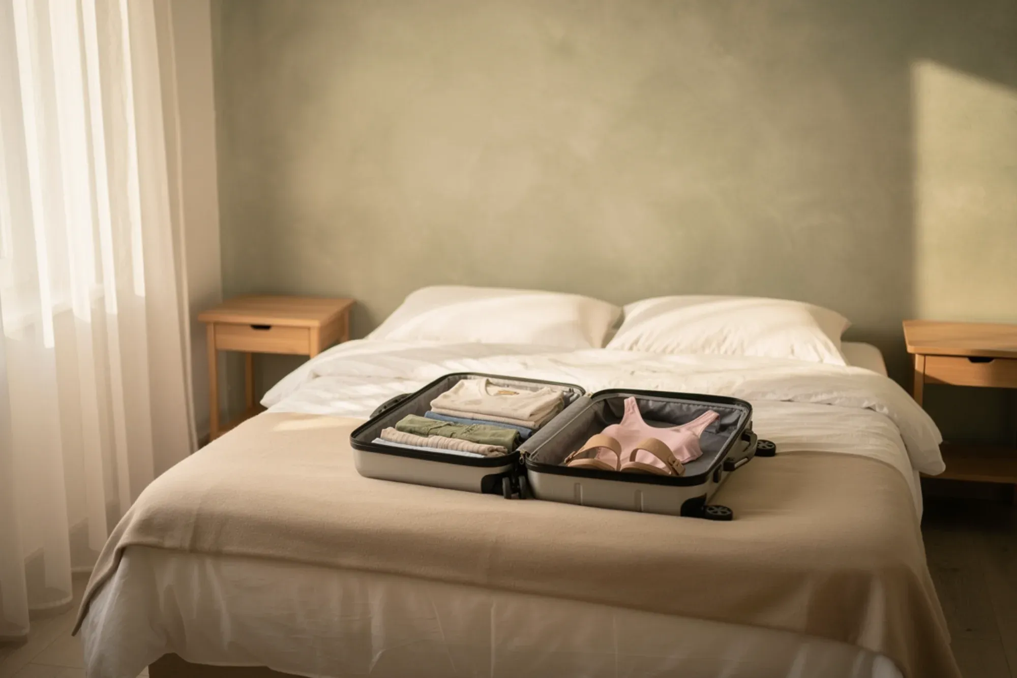Maleta abierta con ropa de verano sobre una cama hecha, en una habitación tranquila
