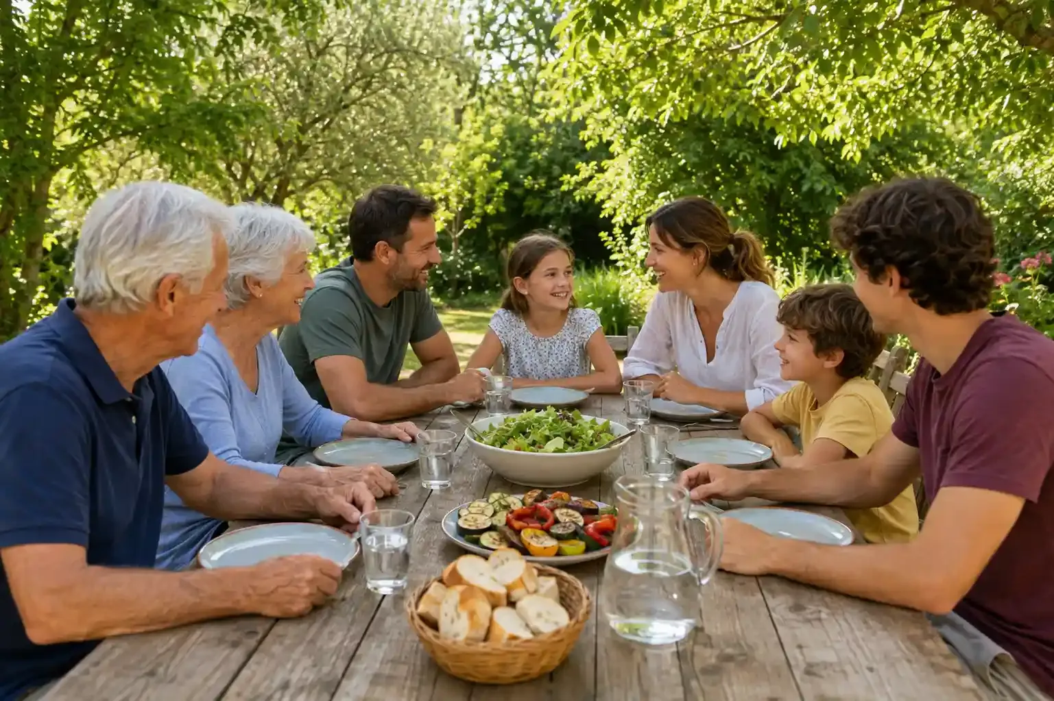 Familia de tres generaciones comiendo juntos en una mesa en el jardín